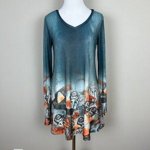Miusey‎ Tunic Top Womens Small Green Long Sleeve Sheer Floral Graphic V-Neck